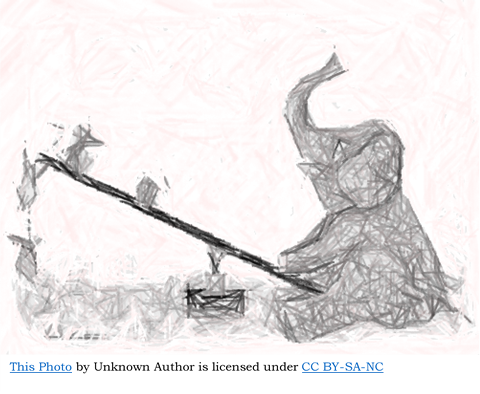 Image is a teeter-totter with an elephant sitting on the ground end, with two rats on the opposite end. Metaphor of the weight of old habits of thought and attitude