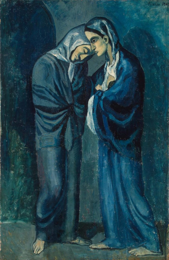Picasson painting of a woman prostitute with her sister a nun. Painted in blue and blue-green