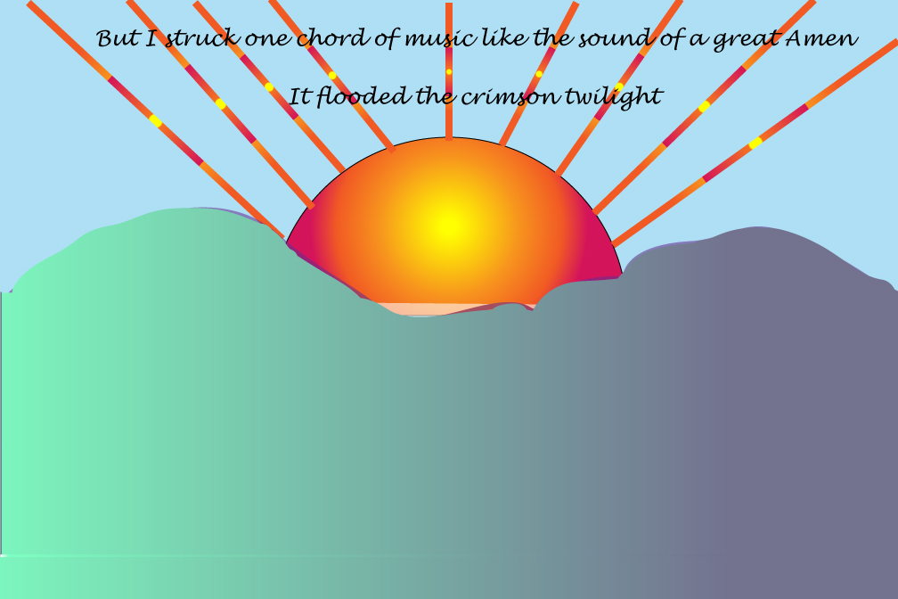 graphic of a red twilight flooding the horizon.  Illustrates the feeling created by the sound of "The Lost Chord."